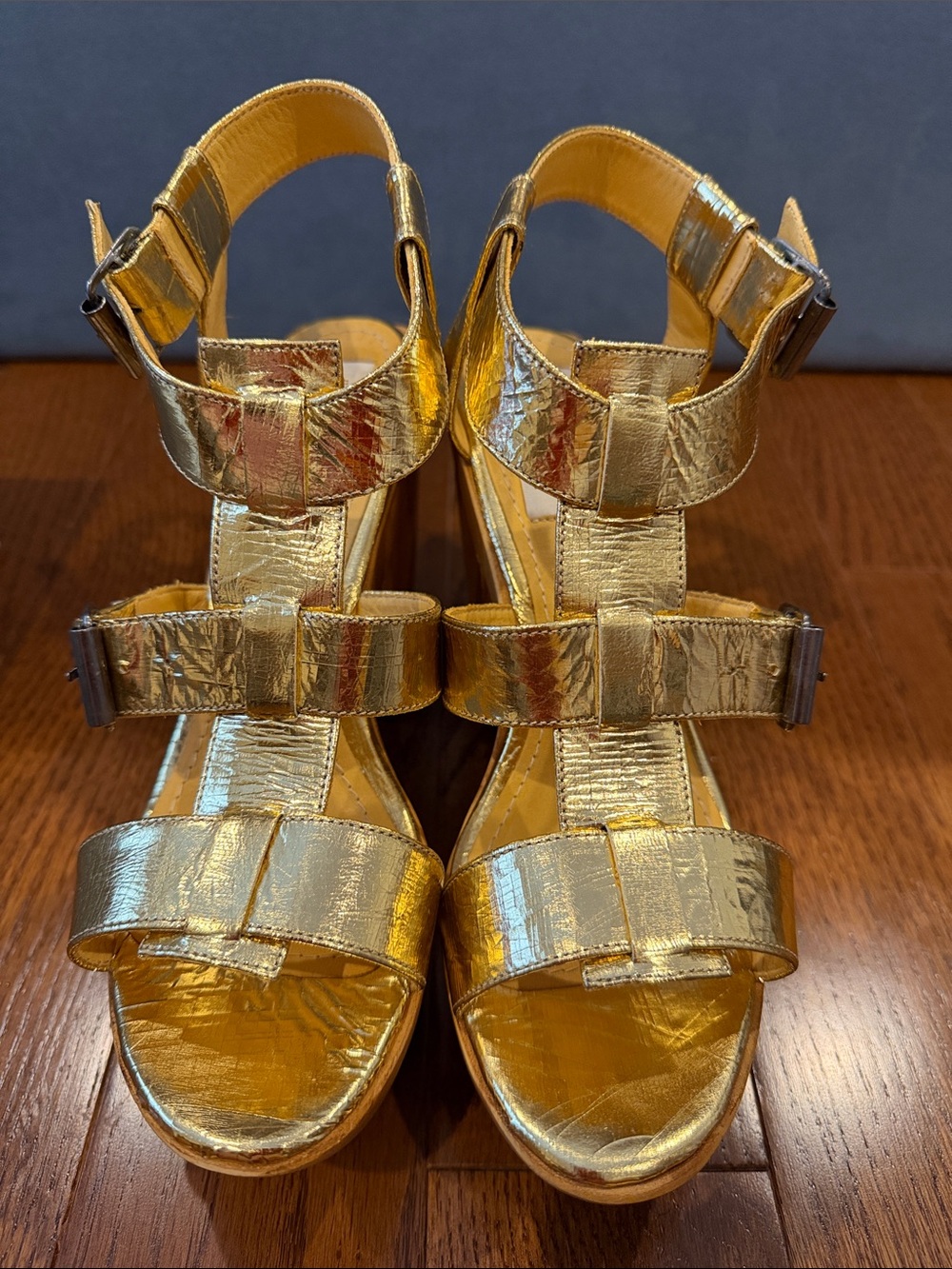 Lanvin Gold Metallic Leather Platform Heeled Sandals
